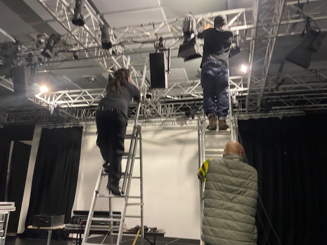 Installing the immersive loudspeaker system at Rich Mix before the live workshop